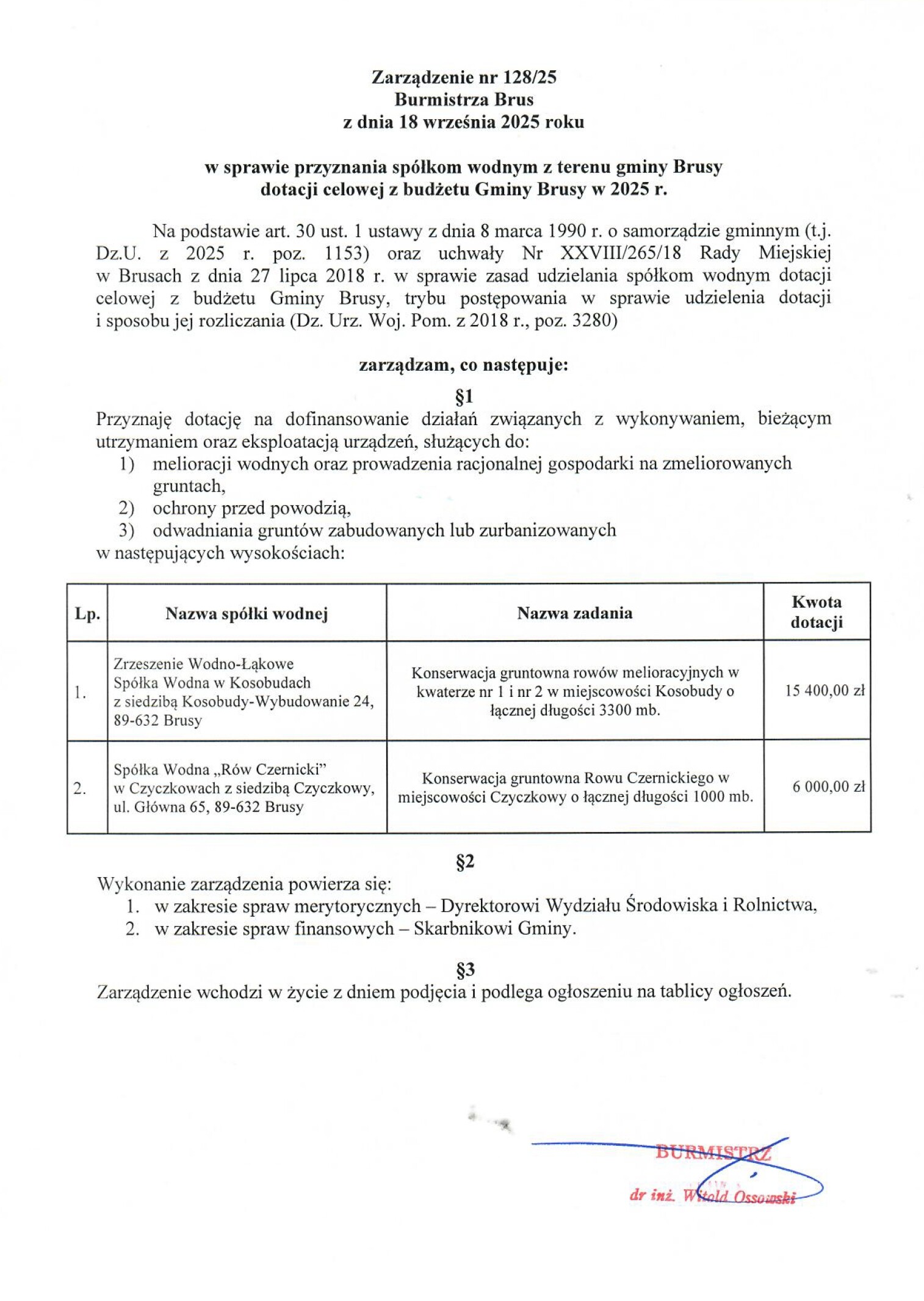 DOTACJE CELOWE DLA SPÓŁEK WODNYCH - ZARZĄDZENIE BURMISTRZA BRUS