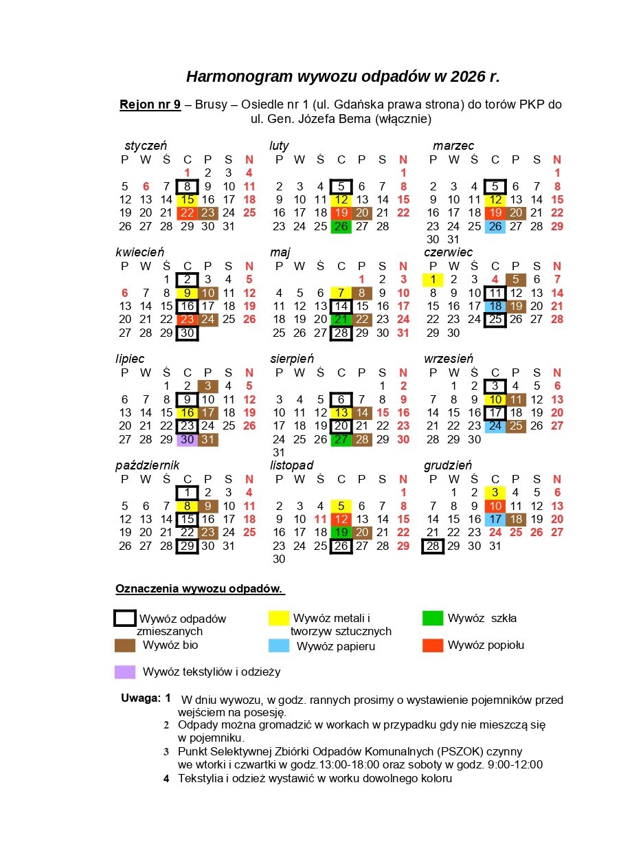 Rejon nr 9 – Brusy – Osiedle nr 1 (ul. Gdańska prawa strona) do torów PKP do ul. Gen. Józefa Bema (włącznie)