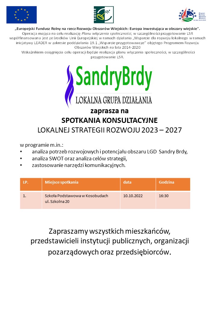 plakat spotkania w sprawie konsultacji LSR gmina Brusy